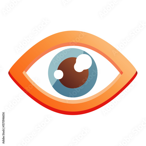 Cartoon eye with orange eyelid and red shadow on black backdrop, simple eye cartoon illustration.
