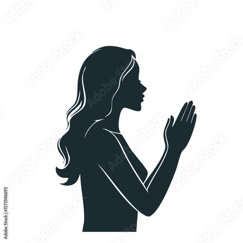 Silhouette of Woman Praying with Hands Together on Black Background