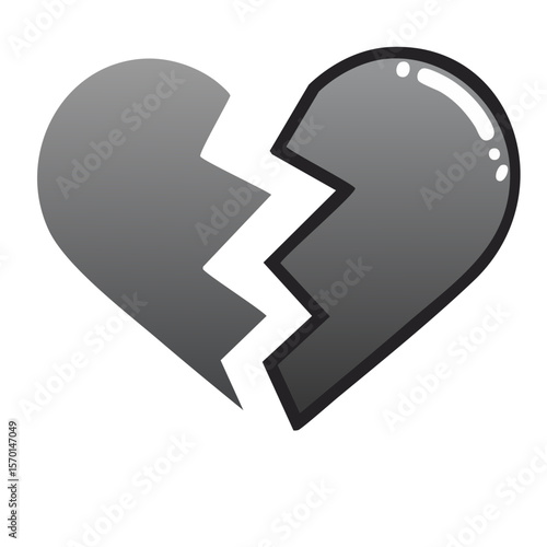 Sad broken heart symbol in grayscale for heartbreak concept or end of love graphic design for Valentines day with black background