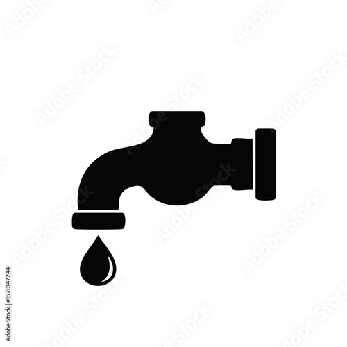 Water conservation concept faucet with dripping water drop in black and white minimal icon style for sustainable living