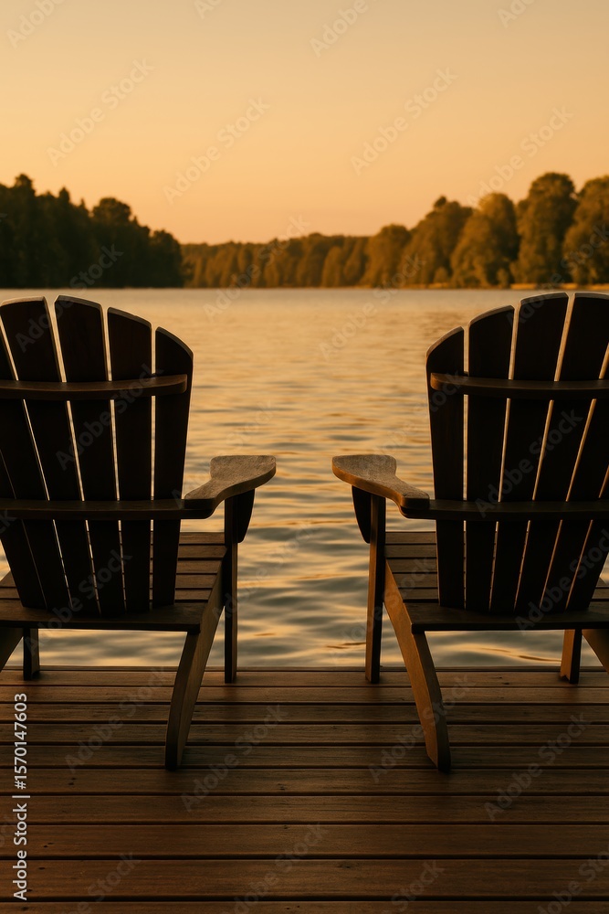 Tranquil lakeside evening with empty adirondack chairs overlooking calm water Tranquil lakeside evening with empty adirondack chairs overlooking calm water