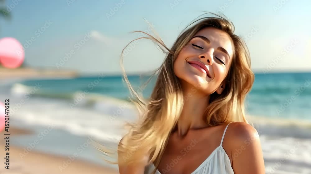 Carefree summer vibes: beachside bliss with joyful expressions and windkissed hair Carefree summer vibes: beachside bliss with joyful expressions and windkissed hair