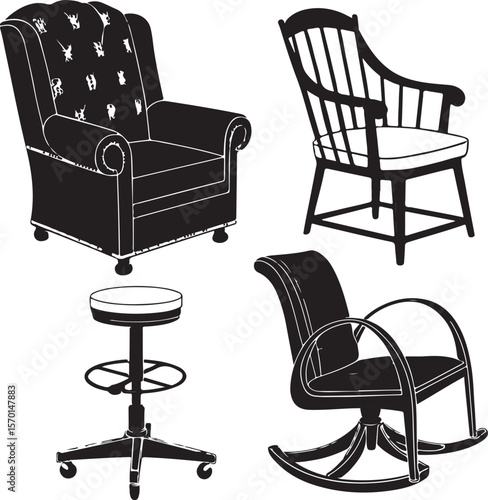 Black and white illustrated furniture collection including a wingback chair, rocker, and stool