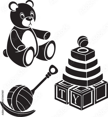 Black and white illustration of a teddy bear rattle and stackable wooden blocks for children