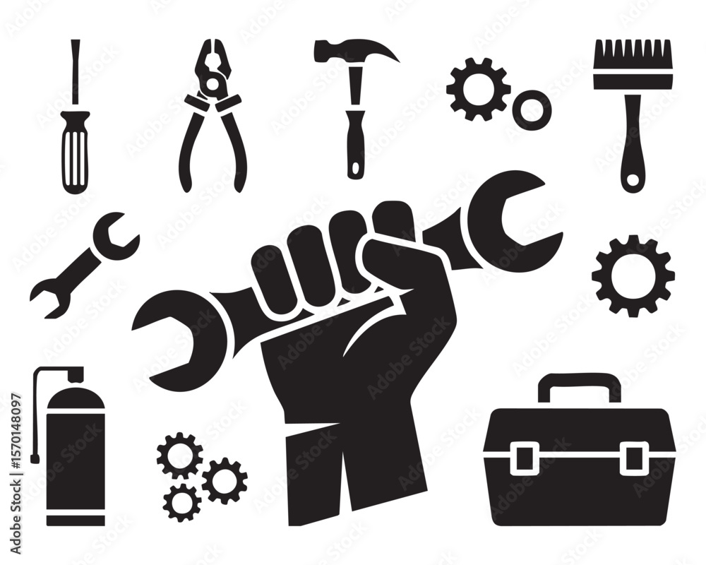 Obraz premium Hand Holding Wrench With Tools And Gear Set Illustration For Construction Maintenance And Repair Industrial And Workshop Vector