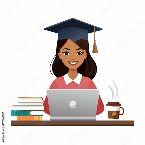 E-learning Female Student Studying at Laptop with Graduation Cap, Books, and Coffee – Online Education Vector