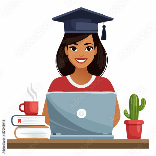 E-learning Female Student Studying at Laptop with Graduation Cap, Books, and Coffee – Online Education Vector