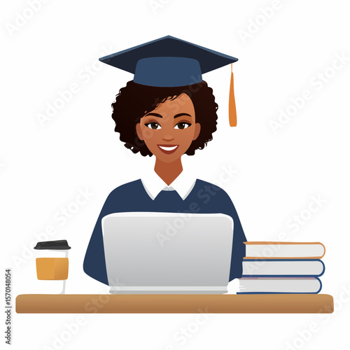 E-learning Female Student Studying at Laptop with Graduation Cap, Books, and Coffee – Online Education Vector
