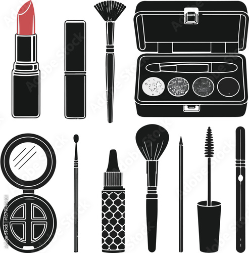 Elegant black and white vector illustration of makeup tools and cosmetics collection