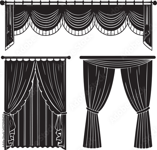 Elegant decorative curtains in various styles black and white illustration design elements