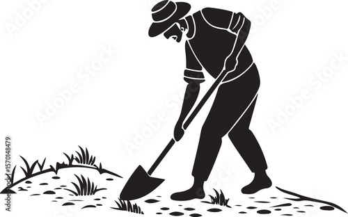 Farmer digging with shovel in field a simple black and white illustration of work