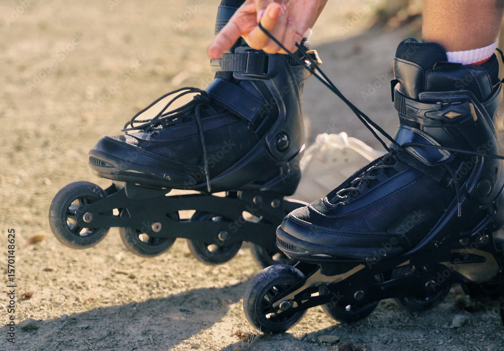 Obraz premium Close up of a skater tying the laces of inline skates, preparing for a thrilling ride