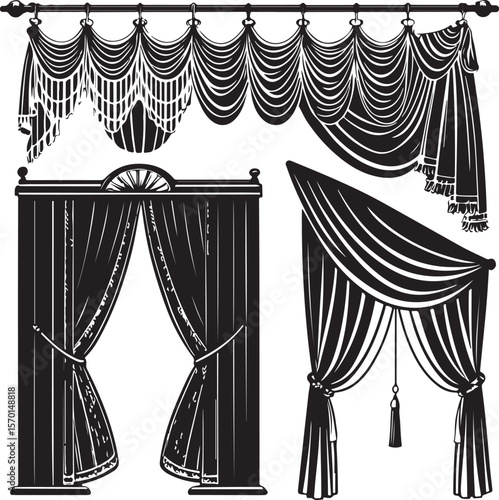 Vector illustration of elegant window drapery and classic curtains isolated on white background