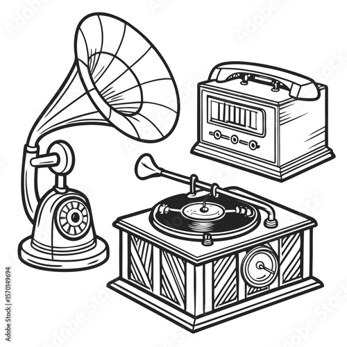 Vintage gramophone with vinyl record in retro vector illustration style