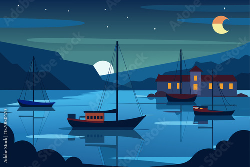 Boats Anchored in a Quiet Harbor at Twilight