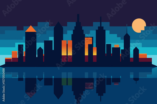 City Skyline Glowing at Night Over a Reflective Lake