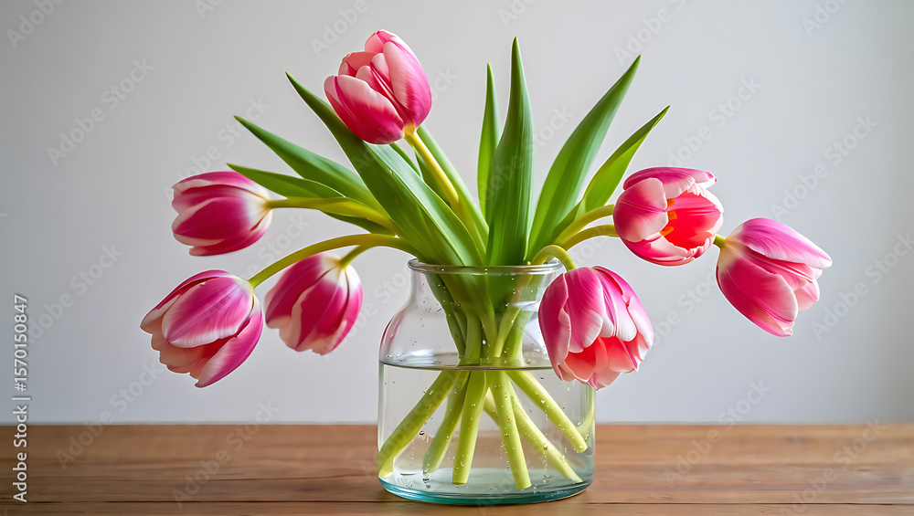 custom made wallpaper toronto digitalPink and White Tulips in Clear Glass Vase on Wooden Table Spring Flowers Bouquet Home Decor