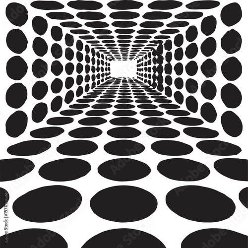 Black and white perspective tunnel with elliptical shapes leading to a light source