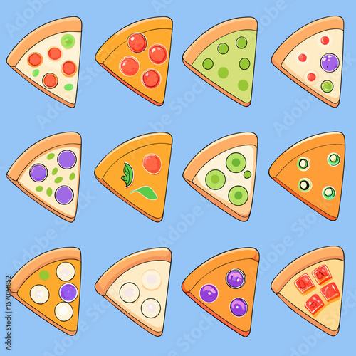 Various pizza slices with colorful toppings pepperoni