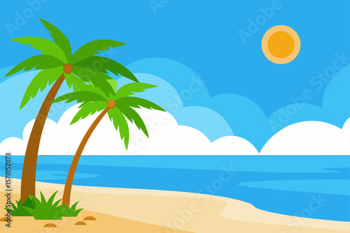 Tropical Paradise Sun Drenched Beach with Palm Trees