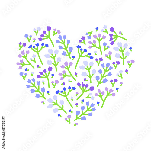 Petite meadow flowers in soft colors composed in heart shape isolated on white background. Floral summer field elements.