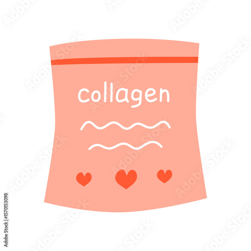 Flat beauty collagen supplement packet isolated on white background. Drinking collagen powder icon. Feminine anti aging product. Skin health concept.