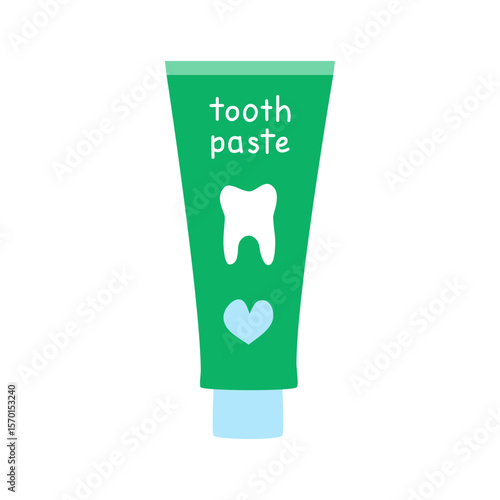 Hand drawn flat tooth paste with teeth icon isolated on white background. Hand written text.