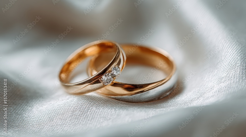 Wedding rings on white silk fabric, soft light, close-up shot, romantic theme Wedding rings on white silk fabric, soft light, close-up shot, romantic theme