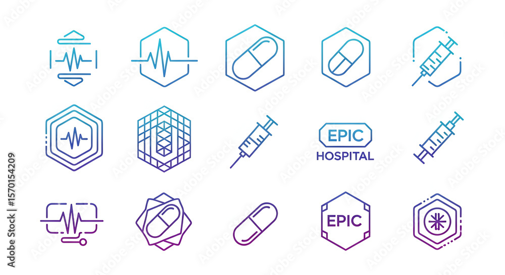 Collection of medical icons: heartbeat, pills, syringe, hospital, and virus symbols in a modern, linear style. Collection of medical icons: heartbeat, pills, syringe, hospital, and virus symbols in a modern, linear style.