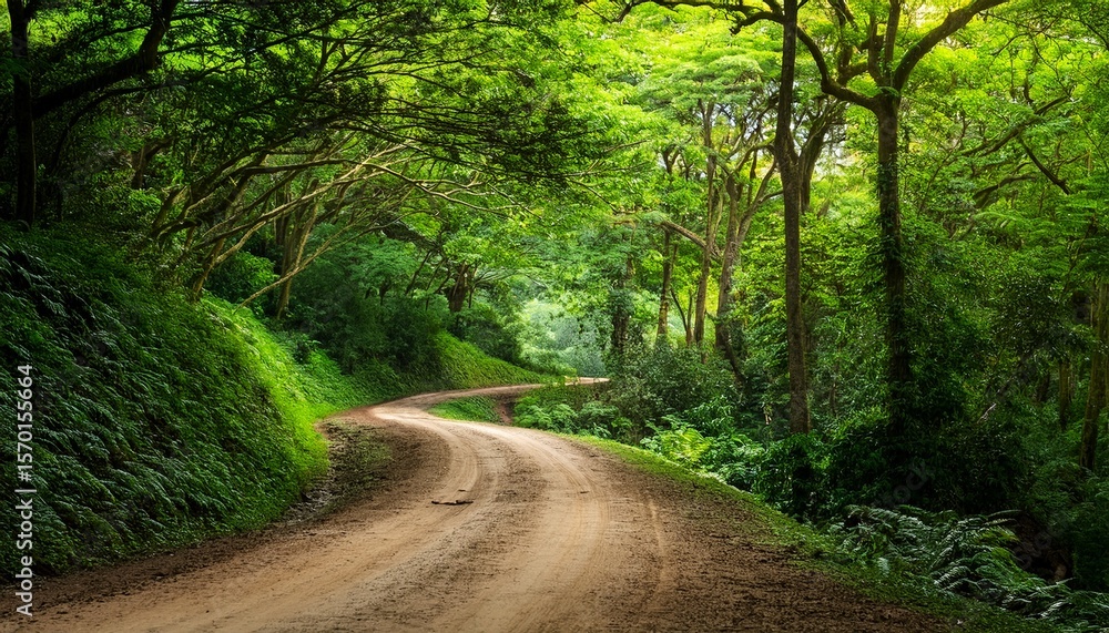 scenic view of a winding dirt road disappearing into a dense vibrant green forest evoking a sense of tranquility and adventure scenic view of a winding dirt road disappearing into a dense vibrant green forest evoking a sense of tranquility and adventure