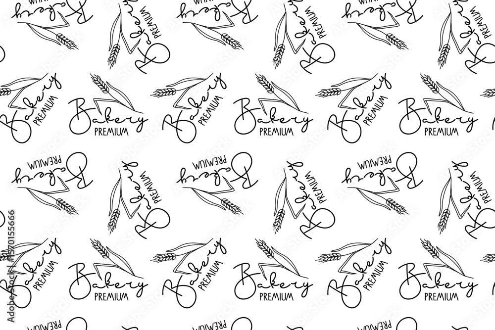 Fototapeta premium Seamless Bakery pattern. Black White Bakery Premium logo print. Bakery script lettering with grain ear sketch. Bakery shop bread design. Repeated Background for wallpaper, wrapping, packing, textile