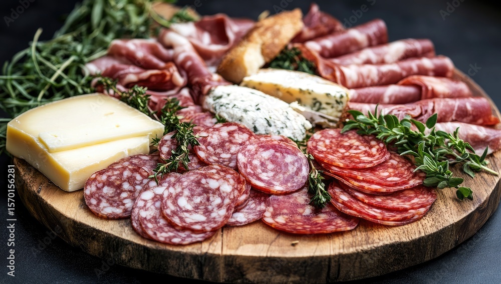 Gourmet charcuterie board, rustic wooden plate, cheeses, meats, herbs. Appetizer display Gourmet charcuterie board, rustic wooden plate, cheeses, meats, herbs. Appetizer display