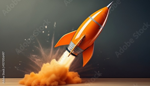 orange rocket launching from idea board symbolizing project kickoff and innovative business strategy