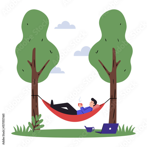 Flat vector illustration of a remote worker relaxing in a hammock between trees with tea and closed laptop. Peaceful design promoting work-life balance in remote work culture. Clean, HD, vibrant color