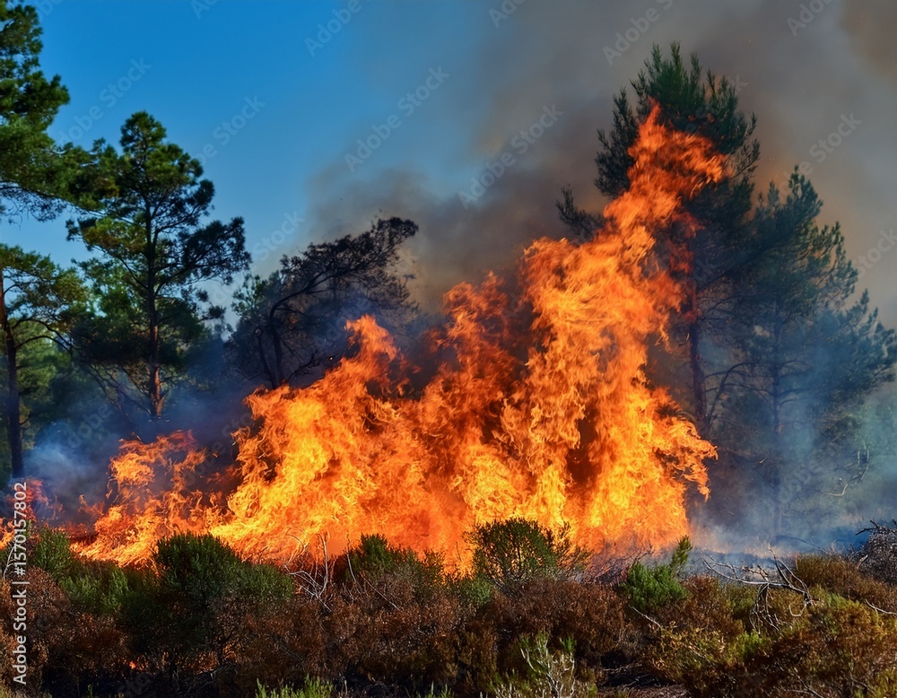 Fototapeta premium controlled burning in heathland ecosystems promoting biodiversity with bright orange flames against a smoky blue sky and green trees in the background
