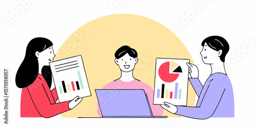 Teamwork with data analysis charts and laptop, business meeting flat vector illustration