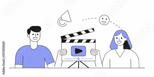 Smiling man and woman holding video clapperboard and icons, content creation and video production concept, flat vector illustration