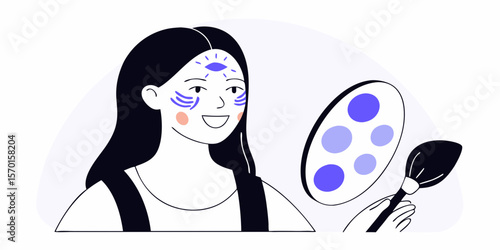 Smiling woman doing face painting with brush and palette