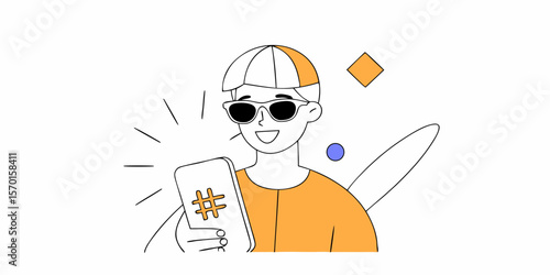 Trendy young man with sunglasses holding smartphone hashtag symbol, social media influencer concept