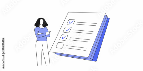 Woman checking checklist, task management concept, flat vector illustration