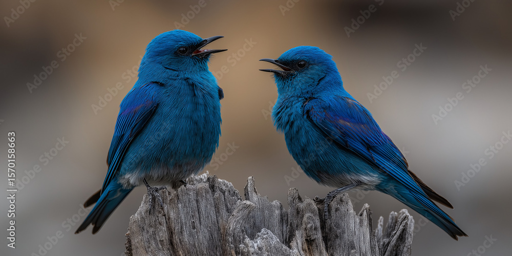 Obraz premium Two bluebirds perched on top of a tree stump, one facing left 