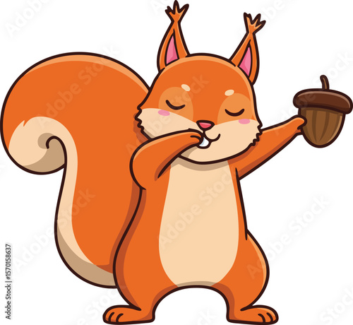 Red Squirrel Dabbing Holding Acorn Cartoon Vector Illustration with Cute Expression and Big Tail