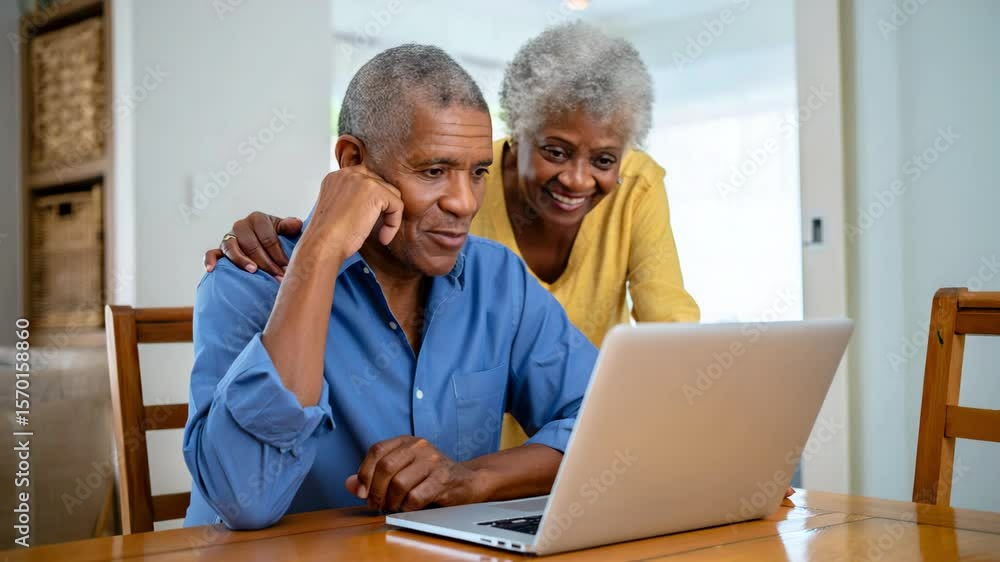 Senior couple using laptop, elderly people at home, online communication, technology for seniors, happy retirement lifestyle, internet browsing, digital connection, mature family concept Senior couple using laptop, elderly people at home, online communication, technology for seniors, happy retirement lifestyle, internet browsing, digital connection, mature family concept