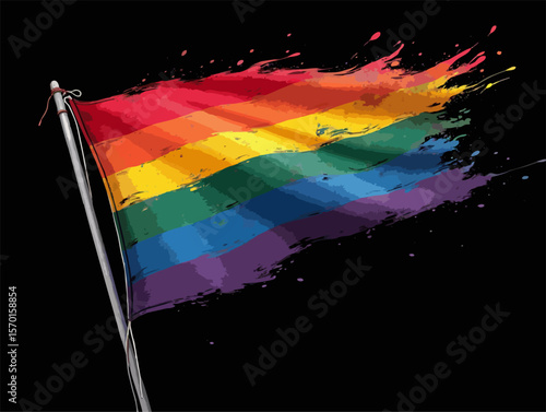 Vector design with decorative drawing of lgbt 
flag of rainbow stripe is fluttering in wind. 
Fashion t-shirt print. Pride proud parade pattern 
for textiles, fabric, clothing.