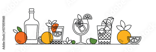 Hand drawn collection of drinks and cocktails. Vector illustration of classic cocktails in different types of glasses. Alcohol beverages in doodle ink sketch style for wedding or birthday party menu