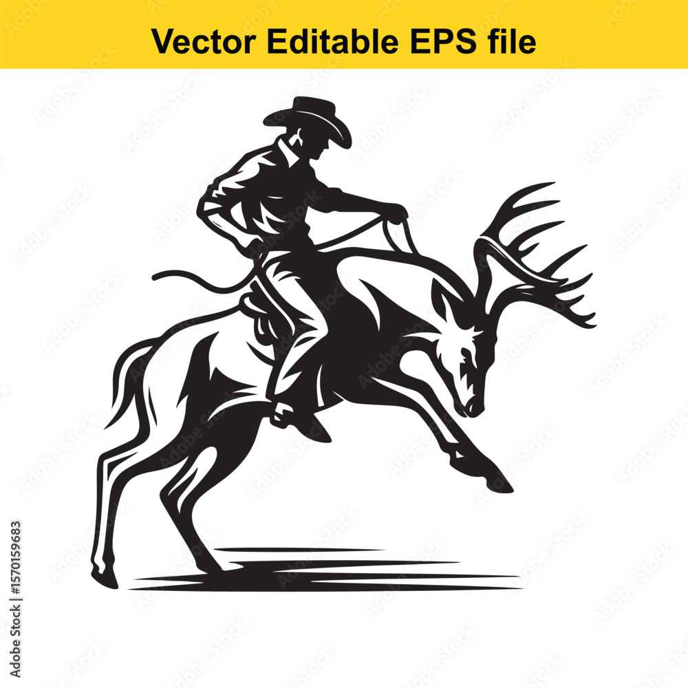 Obraz premium Cowboy Riding a Bucking Deer Silhouette Illustration for Western, Rodeo, or Wildlife Theme Designs and Artwork Projects