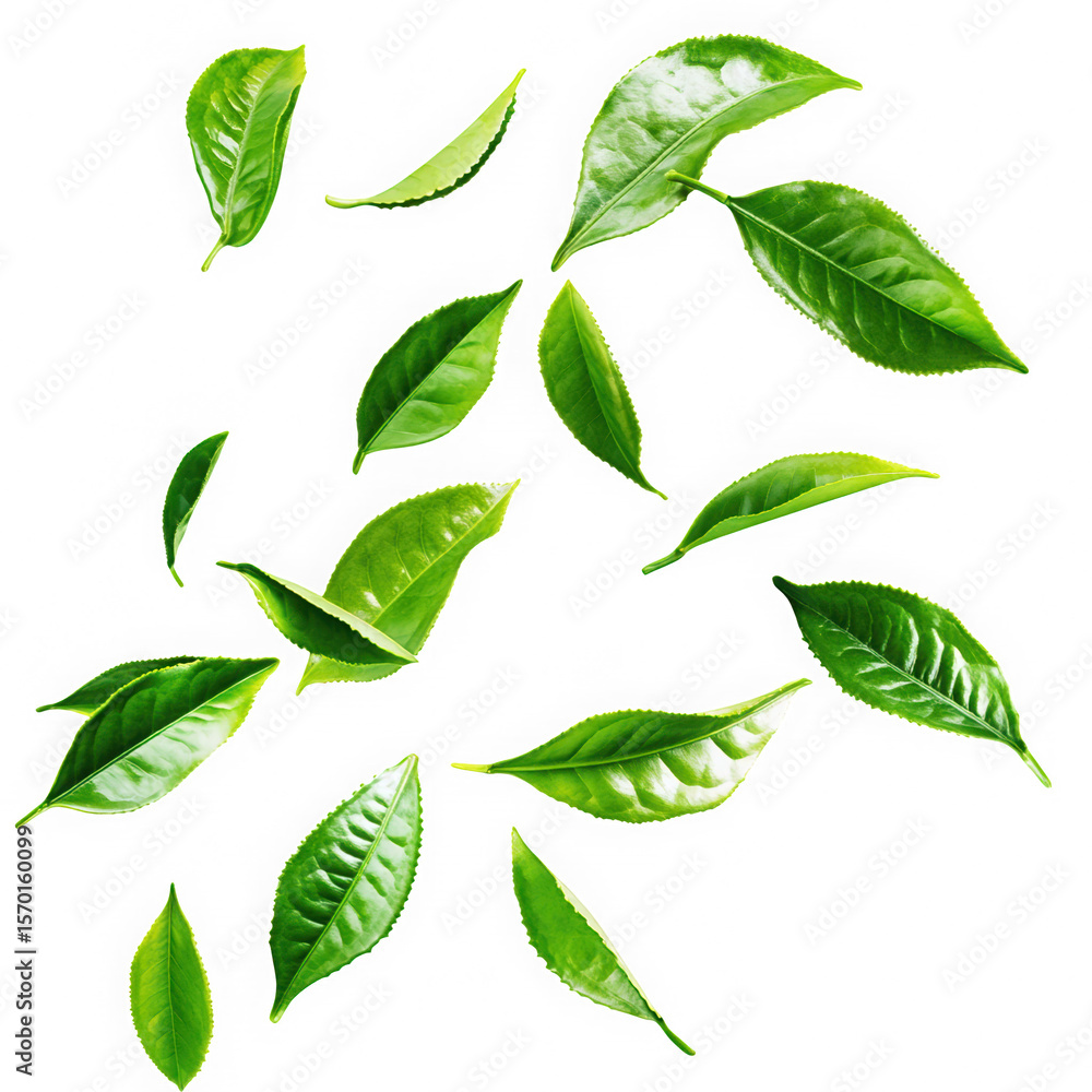 Green tea leaves flying in the air green isolated on white and transparent background Green tea leaves flying in the air green isolated on white and transparent background