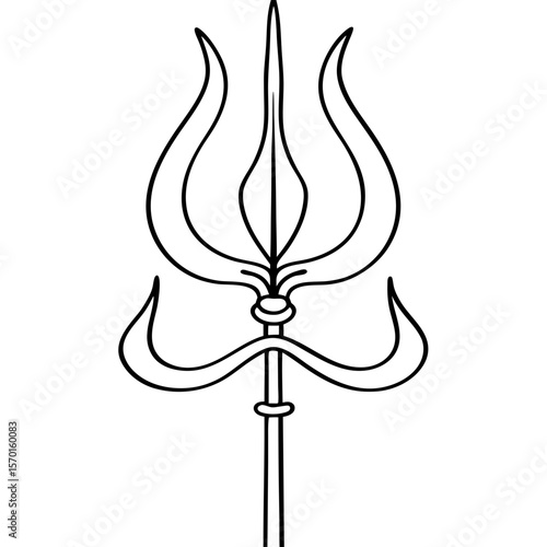 Mahadev symbol depicted in minimalist drawing style on white backdrop. Mahadev trident, a symbol of Hindu God Shiva, is a spiritual symbol of power and meditation.