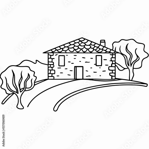 Traditional stone house in olive grove, a rural countryside residence with tiled roof. Traditional stone house, nestled among trees on small hill, evokes feelings of peacefulness and seclusion.