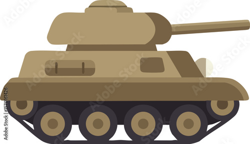Military tank vehicle with cannon and tracked wheels in flat style vector illustration